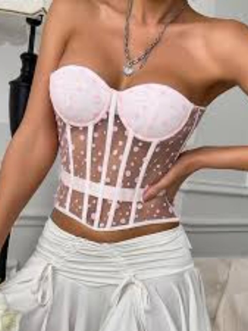 NY Perfect Corset, Pink White Strapless Bustier, L, NWOT
